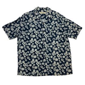 Island Republic Hawaiian Shirt Mens L Navy Blue Tropical Silk Blend Button Up